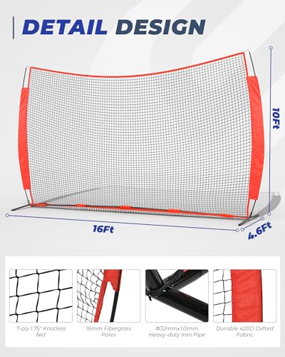 12x9/16x10/20x10ft Barricade Backstop Net, Ball Sports Barrier Netting, Protection Screen for Baseball Softball Lacrosse Soccer Hockey Training for Backyard with Carry Bag - size: 16x10ft