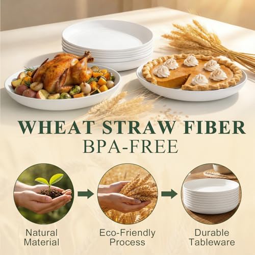 Wheat Straw Plates 11 Inch, Unbreakable & Reusable Plastic Plates Set of 8, Large Dinner Plates for Main Course, Microwavable Plates for Full Dinner, Holiday Feasts - White - color: White, size: 11 Inch