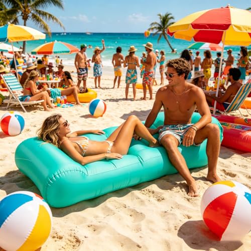 Inflatable Air Sofa, Portable Inflatable Lounger with Headrest, Waterproof & Tear-Resistant Nylon Air Couch, Suitable for Beach, Camping, Picnic, Backyard, No Pump Required, Easy to Inflate & Carry
