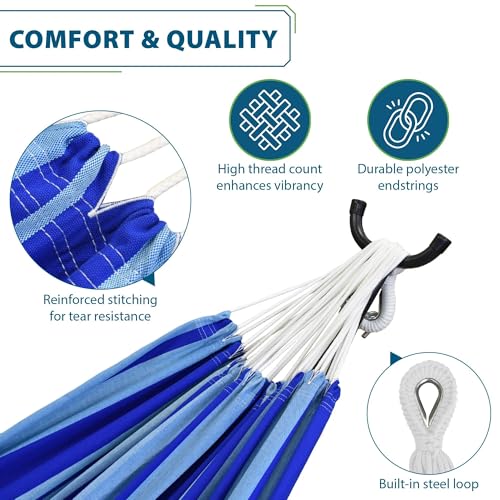 Vivere Double Cotton Hammock with Space Saving Steel Stand, Upgraded Polyester End Strings 450 lb Capacity - Premium Carry Bag Included - USA Grown Cotton (Island Breeze) - color: Island Breeze