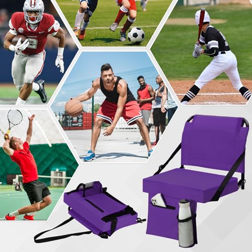 2pcs Stadium Seat for Bleachers with Back Support，Portable Bleacher Chairs with Back and Cushion，Includes Shoulder Strap and Cup Holder - color: Purple,2 Pack