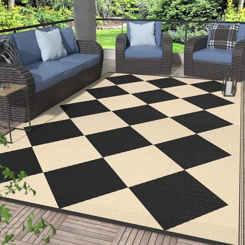 GENIMO Outdoor Rug for Patio Clearance, 6'x9' Reversible Geometric Plastic Straw Rugs, Lightweight Waterproof RV Camping Mat for Camper, Balcony, Deck, Backyard, Picnic, Black Beige - color: Black&beige-z, size: 6' x 9' (Rectangular)