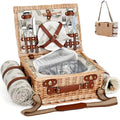 Picnic Basket with Blanket and Wine Pouch for 2, Wicker Picnic Set with Insulated Liner Cooler Bag Hamper for Camping,Wedding - Leaf - color: Leaf With Blanket for 2