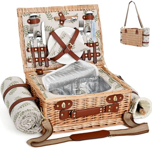 Picnic Basket with Blanket and Wine Pouch for 2, Wicker Picnic Set with Insulated Liner Cooler Bag Hamper for Camping,Wedding - Leaf - color: Leaf With Blanket for 2