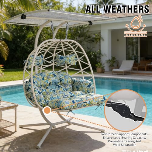 Double Egg Chair Outdoor with Stand & Canopy,Hanging Loveseat Hammock Swing Chair with Leg Rests & UV Resistant Cushion,Patio Swinging Chair,600LBS Capacity for Bedroom Balcony Garden - color: Double Chair & Footrest & Canopy, size: White Frame & Floral C