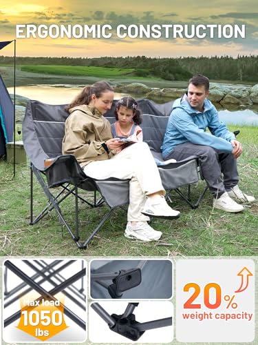 Timber Ridge 3 Person Camping Chair Supports to 1050lbs, Portable Camp Couch Padded Camping Chairs, Outdoor Oversized Folding Loveseat Perfect for Campsites, Patio/Lawn, Soccer Games, Grey - color: 3 Person Grey