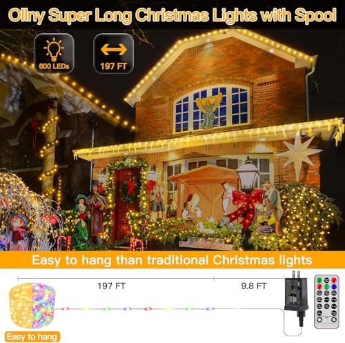 Ollny Christmas Lights Warm and Multicolor, 600LED 197FT Christmas Tree Lights IP67 Waterproof, Plug in Fairy Light with Remote 11 Modes Timer, Xmas Light for Outdoor Indoor House Holiday - color: Warm and Multicolor, size: 600 LEDs