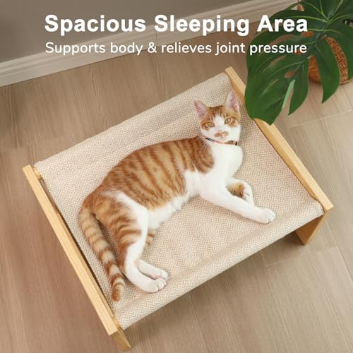 FUKUMARU Dog Bed, Large Breathable Elevated Cat Hammock, Wooden Cat Beds for Outdoor and Indoor, 21 Inch Raised Pet Beds Suitable for Cats, Puppy, Bunny and Small Animal - color: Beige