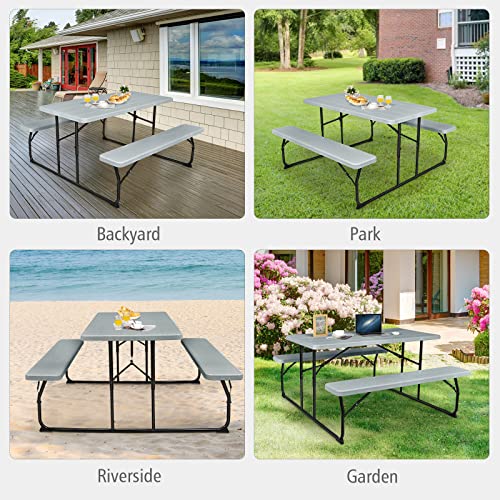 S AFSTAR Folding Picnic Table Bench Set, Foldable Picnic Table with 2 Benches, Outdoor Table and Bench W/Steel Frame & Wood-Like Texture Tabletop, Camping Table Chair Set for Garden Patio Lawn (Gray) - color: Grey