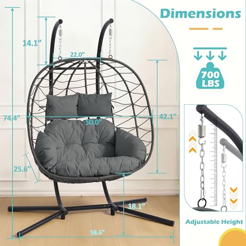 Double Outdoor Hanging Egg Chair with Stand & Oversized Cushion, 700LBS Capacity Heavy-Duty Patio Swing Hammock Chair, Thickened Metal Frame for Garden, Balcony, Bedroom (Gray, Grand) - color: Grey, size: Grand