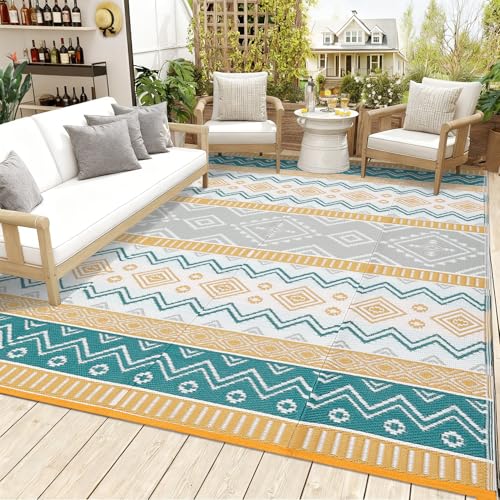Boho 10x14 Waterproof Outdoor Rug, Reversible Plastic Straw Mat, Tribal Geometric Washable RV Camping Carpet, Foldable UV Resistant Deck Rug for Picnic Backyard Balcony Porch Patio, Yellow - color: Yellow/Green/Gray/White, size: 10' x 14' (Rectangular)