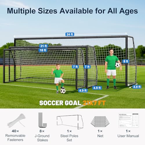 MOPHOTO Soccer Goal, 6X4/8x6/10x6.5/12x6/16x7/18.5x6.5/21x7/24x8ft Soccer Goals for Backyard, Full Size Soccer Goal for Teens & Adults Training - size: 21x7FT, style: Alloy Steel-Black