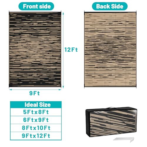 HEBE Outdoor Rug 9'x12' for Patios Clearance, Waterproof Reversible Plastic Straw Rug Camping Mat, Indoor Outdoor Area Rugs Carpet for Deck, Porch, RV, Picnic, Balcony - color: Stripe/Black, size: 9' x 12' (Rectangular)