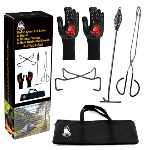5-in-1 Dutch Oven Camping Accessories Kit - Campfire Cooking Equipment with Heat-Resistant Gloves, 16" Scissors Tongs, Lid Lifter, Lid Stand & Trivet | BBQ Tools, Outdoor Camping Cookware - size: 5 Piece Set
