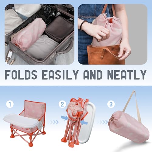 Tiny Marvels 3-in-1 Portable Baby Chair, Foldable Booster Seat with Removable Tray, Safety Harness & Carry Bag for Dining, Travel, Camping, Beach, 6M-3Y (Blush Petals) - color: Blush Petals