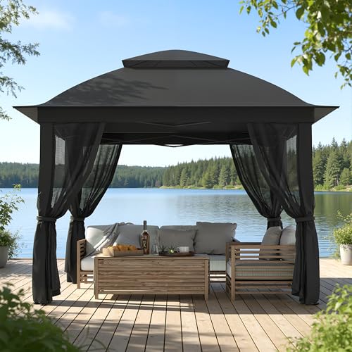 11'X11' Gazebo Pop Up with 4 Sidewalls Mosquito Netting, Heavy Duty Patio Gazebo Canopy Tent with Double Air Roofs for Backyards, Patios, Decks, Gardens, Parks - color: Black Top