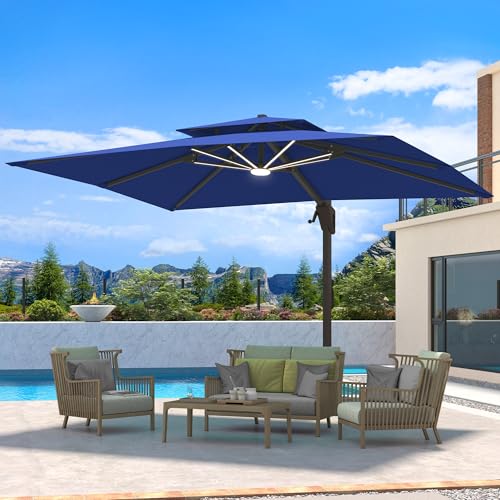 10 X 13 FT Cantilever Patio Umbrella with LED Lights Outdoor Heavy Duty Double Top Windproof Rectangle Offset Umbrellas with 360-degree Rotation for Pool Deck Backyard, Navy - color: Navy, size: 10' X13'-Weighted Base Not Included