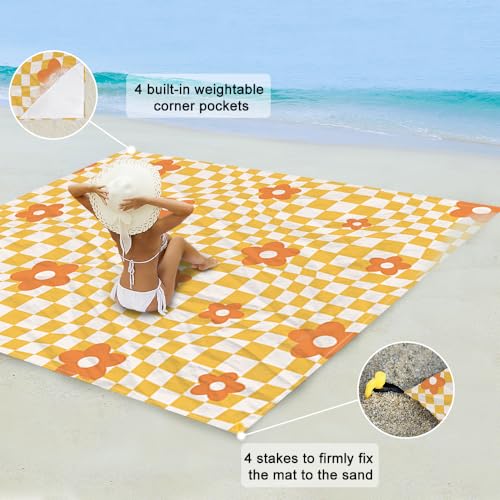 Beach Blanket Waterproof Sandproof Extra Large 9 Ft X 10 Ft for 8 Adults Oversized Sand Free Beach Mat with 4 Corner Pockets and Stakes Portable for Beach Picnic Travel Camping (Orange) - color: Orange, size: 9 X 10 FT(1-8 Person)