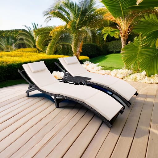 Devoko Patio Chaise Lounge Sets Outdoor Rattan Adjustable Back 3 Pieces Cushioned Patio Folding Chaise Lounge with Folding Table (Beige) - color: Beige