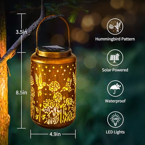 ODEETRONIC 2Pack Hummingbird Solar Lanterns - LED Solar Lantern Lights Outdoor Waterproof, Garden Lantern Lights Birthday Gift for Women, Metal Hummingbird Hanging Lanterns for Garden Yard Patio Decor - size: 2 Pack, style: Warm White - Hummingbird