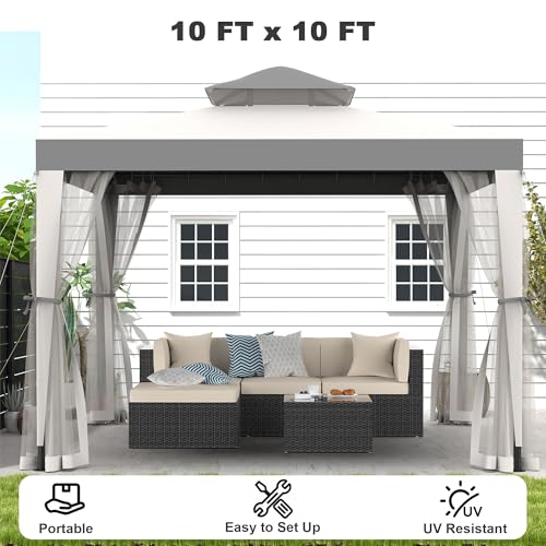 Gazebo, 10'x10' Patio Gazebo Outdoor Waterproof Canopy Tent UV-Resistant 2-Tier Top Sturdy Canopy Shelter Tent for Camping with Removable Netting for Garden Patio Backyard (Grey & White, 10' x 10') - color: Grey & White