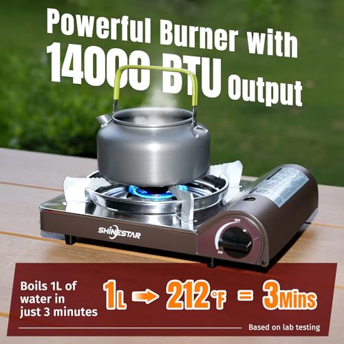 SHINESTAR 14000 BTU Butane Camping Stove, Portable Butane Stove with Brass Burner, One-Touch Piezo Ignition, Magnetic Safety Lock & Double Wind-Guard, Portable Gas Stove for Camping, RV, Emergencies - color: Brown - 14000 BTU Butane with Windscreen