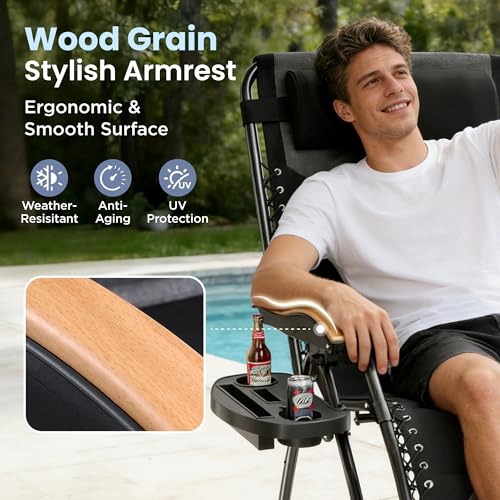 PHI VILLA XXL Oversized Padded Zero Gravity Chair, Foldable Patio Recliner, 30" Wide Seat Anti Gravity Lounger with Cup Holder, Support 400 LBS (Black) - color: Black, style: 1 Pcs