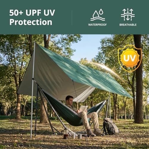 CAMEL CROWN Camping Tarp,3000mm Waterproof & UPF 50+ Sun Protection Rain Fly Tarp - Lightweight Portable Camping Shelter with Stakes, Guy Lines & Carry Bag, for Hiking Backpacking Beach Picnic Shade - color: Army Green
