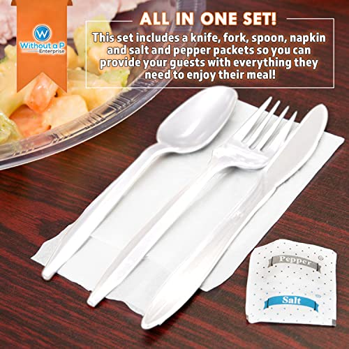 Bulk Heavy Weight Cutlery Individually Wrapped White Plastic Cutlery Knife, Spoon, Fork Pack with Napkin and Salt and Pepper Packets - Extra Strong & Resistant - size: 200pk