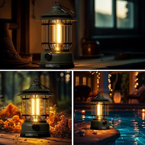 Portable LED Camping Lanterns,1500LM Step-less Dimming, Lightweight Retro Battery Powered USB Rechargeable Tent Lights,Survival Kits Flashlight for Power Outage Emergency Hiking Hurricane 3 Pack Green - color: Green