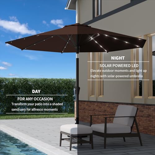 9FT Patio Umbrella with Solar Lights,Outdoor Market Umbrella with Tilt and Crank, LED Lighted Table Umbrella for Garden,Deck,Backyard,Pool,Beach - color: Brown