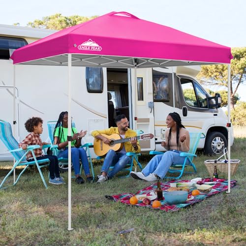 EAGLE PEAK Pop Up Canopy Tent with Wheeled Carry Bag, 8 Stakes, 4 Ropes, Easy Set Up Tent Canopy, 8x8 ft, Pink - color: Pink, size: 8x8