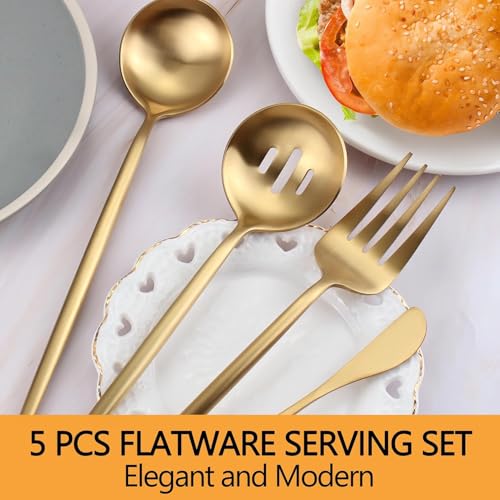 Gold Stainless Steel Serving Utensils Set, 5 Pcs - 10.8 Inch Serving Fork, 10.3 Inch Slotted Spoon, Sugar Spoon, Butter Knife for Buffet - color: Gold