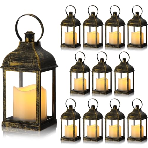 12 Set 10 Inch Bronze Decorative Candle Lanterns Bulk Lanterns Centerpiece with LED Flameless Candle Indoor Outdoor Battery Powered Hanging Lights for Wedding Mother Day Party Decoration - color: Bronze