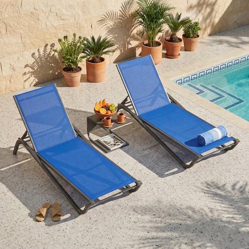3-Piece Patio Chaise Lounge Set with Side Table, Set of 2 Adjustable Pool Chairs and Aluminum Bistro Table, All-Weather Outdoor Furniture for Pool Deck, Patio & Tanning, Cobalt Blue - color: Cobalt Blue, size: 3-Piece Set: 2 Chairs + 1 Table