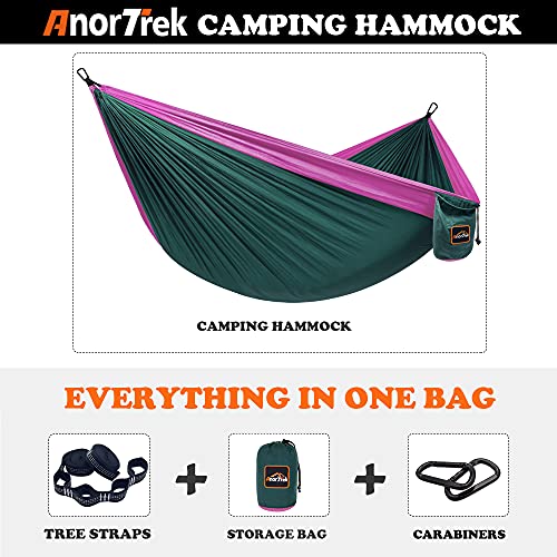 AnorTrek Camping Hammock, Super Lightweight Portable Parachute Hammock with Two Tree Straps Single or Double Nylon Travel Tree Hammocks for Camping Backpacking Hiking - color: Dark Green&fuchsia, size: Single 110''L x 55''W