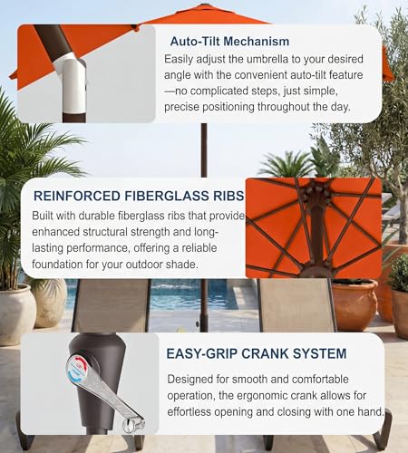 PatioKingdom Auto-Tilt 9FT Patio Umbrella Outdoor with 8 Sturdy Fiberglass Ribs,Market Table Umbrella for Pool,Backyard,Deck and Garden - color: Orange, size: 9FT