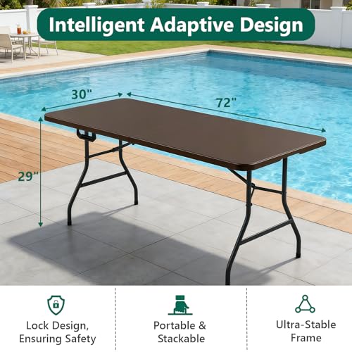 2 Pack Folding Table 6ft - Heavy Duty Plastic Table with Handle, Foldable & Portable, Fold-in-Half Utility Tables for Outdoor, Dining, Wedding, Events, Indoor, Picnic, Camping, Party (Brown) - color: Brown, size: 6ft-2pack