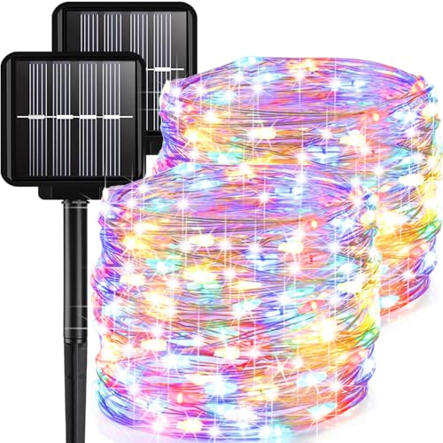 2 Pack Solar Fairy Lights Outdoor, 33 Feet 100 LEDs 8 Modes String Lights for Outside, Waterproof Solar Outdoor Light for Patio Yard Christmas Tree Halloween Wedding Party Decorations, Colorful - color: Colorful, size: 2 Pack 100 LEDs
