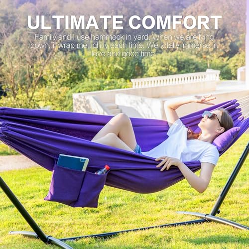 PNAEUT Double Hammocks with Stand for Outside, Portable Space Saving Heavy-Duty Steel Stand for Indoor Outdoor Patio with Carrying Bag, 450 lbs Capacity (Purple) - color: Purple