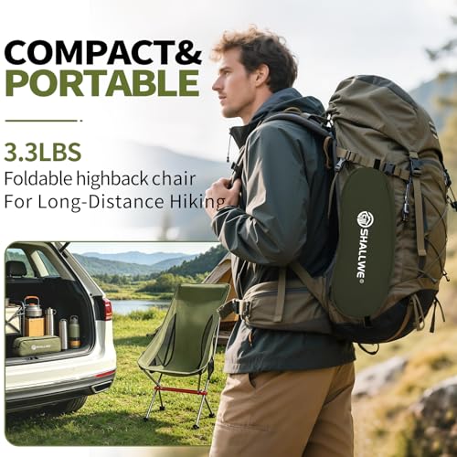 SHALLWE Camping Chairs, All Aluminum Frame Portable Folding Camp Chair for Adults, Heavy Duty High Back Collapsible with Built-in Pillow, Side Pocket, Carry Bag for Backpacking, Hiking, Beach - color: Green