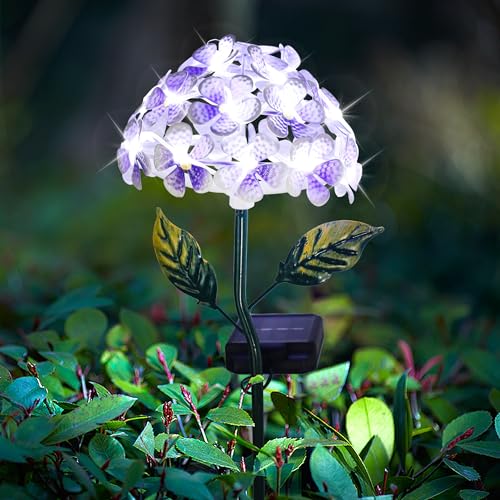 Solar Hydrangea w/26 LEDs, Metal Ground Stake, 3 Colors, Outdoor Flower Stake Decorations (Purple) - color: Purple