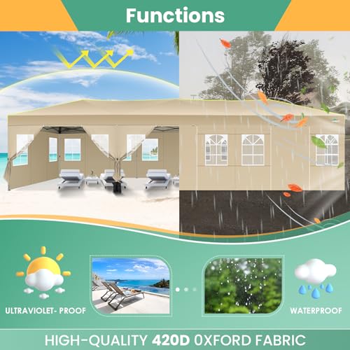 COBIZI 10x30 Pop Up Canopy Tent, Wedding Party Tent with 8 Sidewall One Push Setup Glow, 3 Adjustable Height Air Vent Waterproof UPF50+, Wheeled Bag, 4 Sandbag, 8 Stake, Ropes for Commercial, Outdoor - color: Khaki, size: 10x30 with 8 Sidewalls
