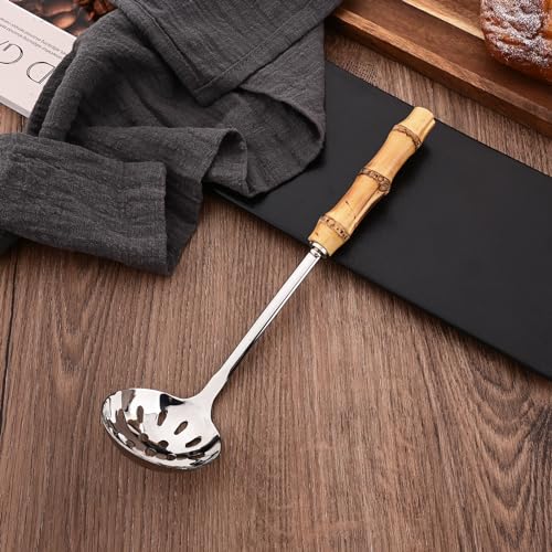 Soup Ladle and Slotted Spoon Set, 304 Stainless Steel Serving Utensils with Natural Bamboo Handle, Soup Spoons For Serving Gravy Hot Pot Or Restaurant, 10.2 Inch, 4 PCS / 2 of Each - color: 4-Piece Soup Ladle