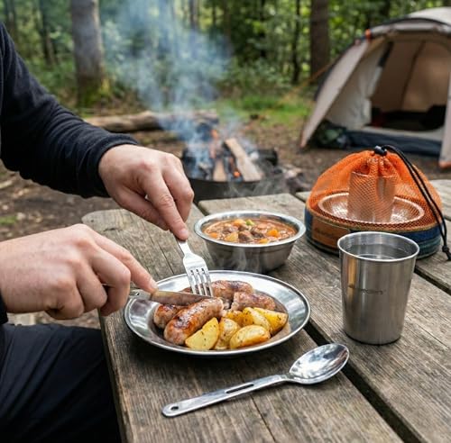 Unique Complete Messware Kit Polished Stainless Steel Dishes Set| Tableware| Dinnerware| Camping| Includes - Cups | Plates| Bowls| Cutlery| Comes in Mesh Bags - style: Single Person Set Orange