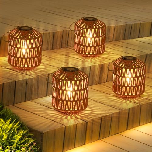 Eyassi Rattan Solar Lights, 4 Pack Solar Lanterns Outdoor Waterproof, Outdoor Lights for Yard, Hanging Lantern with Handle, Decorative Lanterns for Garden, Tabletop, Tree Lighting (Bulbs Included) - size: 4 Pack-Brown