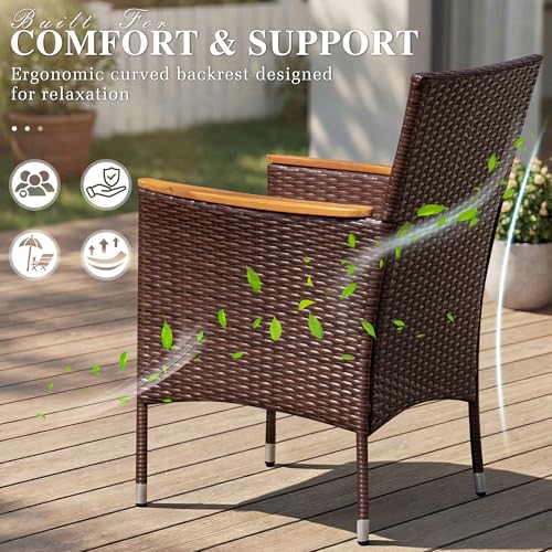 Devoko Outdoor Patio Dining Sets 9 Pieces Wicker Outdoor Dining Table and Chairs Set with Acacia Wood Table Top and Widened Armrests for Backyard, Garden, Deck (Brown) - color: Brown, style: 9 Piece Dining Set