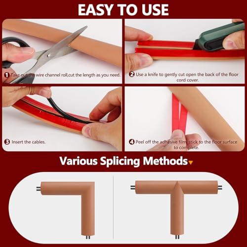 4FT Floor Cord Cover,Brown Cable Protector,Self Adhesive Hide Extension Cords,Prevent Cable Trips for Offices, Gyms,Cavity: 0.39"(W) x 0.27"(H) - size: 4FT brown