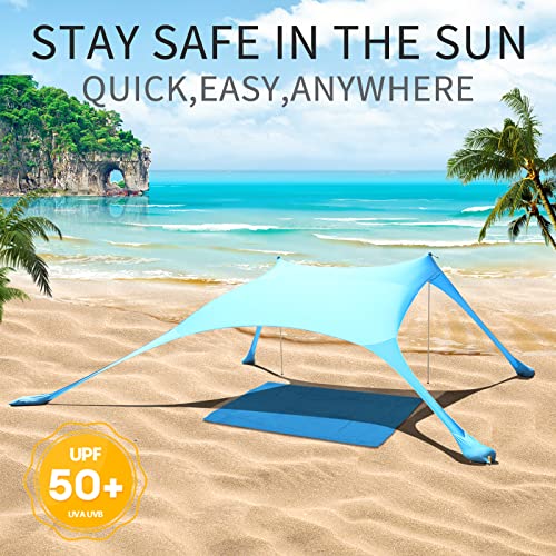 77 FT Beach Tent Sun Shelter UPF50+ UV Protection, Outdoor Canopy Tent Sun Shade with 2 Poles for Camping, Fishing, Backyard and Picnics with Sandproof Beach Blanket Blue - color: Blue