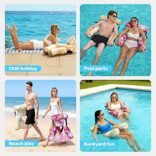 SLOOSH Inflatable Pool Floats Adult,2 Packs Floating Lounge Chairs,Blow up Pool Noodles for Adult Heavy Duty,Floating Chair for Party Summer Water Beach Lake Fun - style: Tropical Leaves-Champagne, Pink